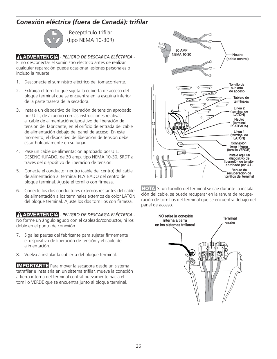 Conexión eléctrica (fuera de canadá): trifi lar, Receptáculo trifi lar (tipo nema 10-30r) | FRIGIDAIRE 137111500B User Manual | Page 26 / 32