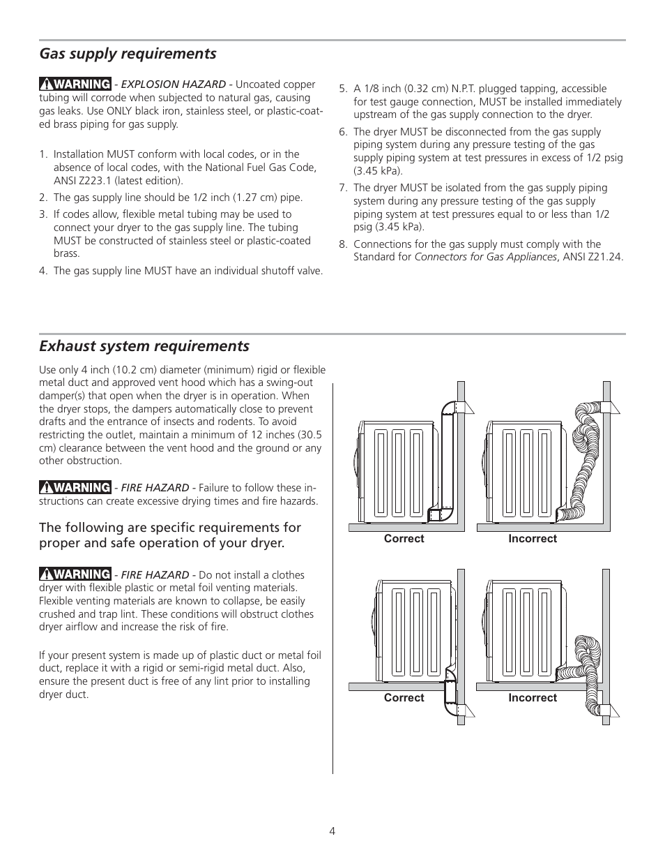 Exhaust system requirements, Gas supply requirements | FRIGIDAIRE 137111500B User Manual | Page 4 / 32