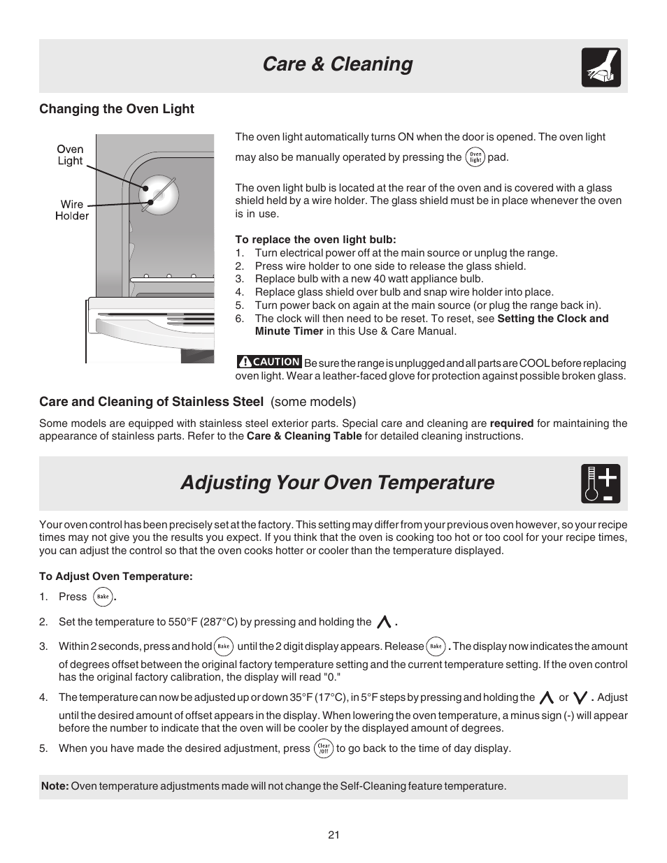 Care & cleaning adjusting your oven temperature | FRIGIDAIRE ES330 User Manual | Page 21 / 24