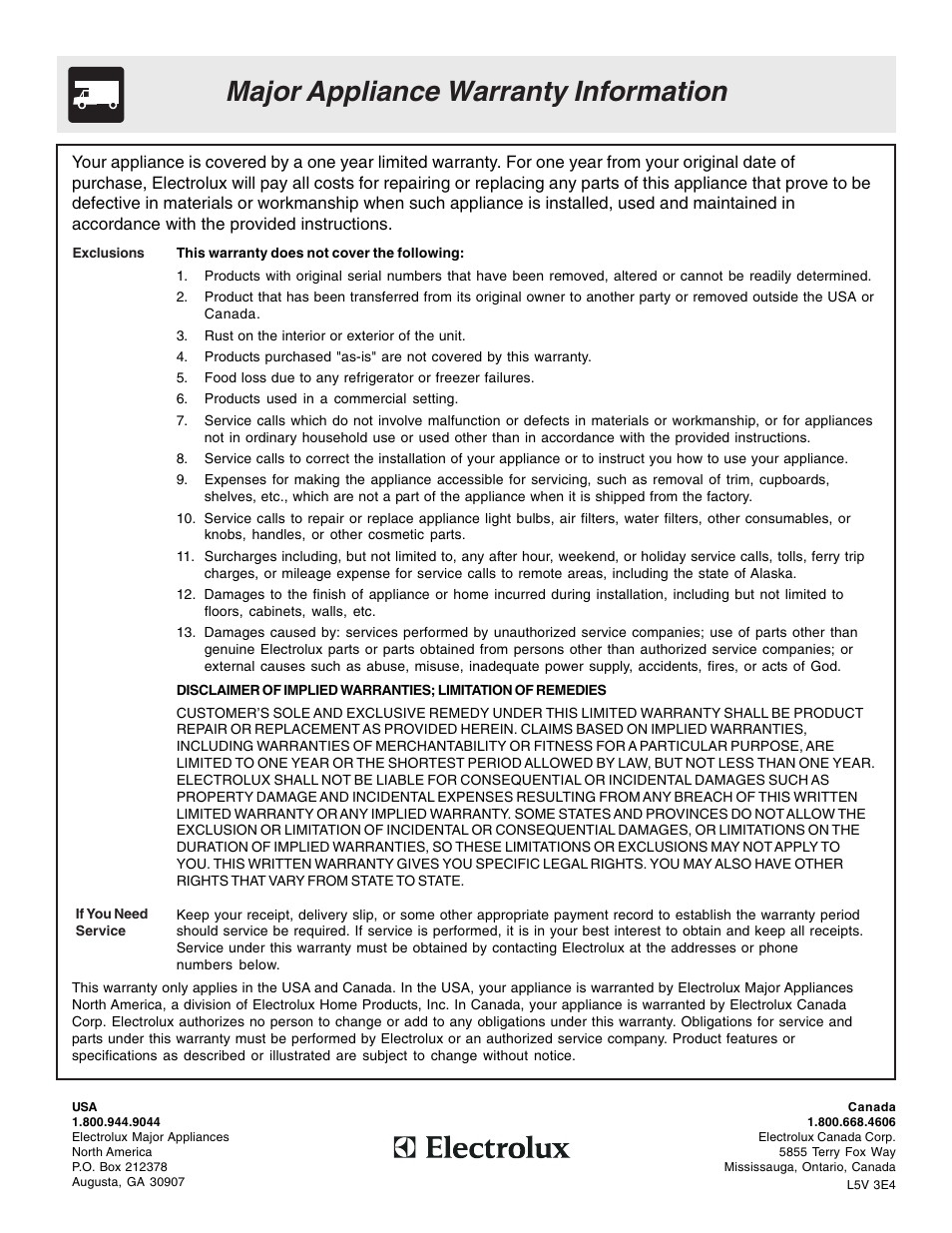 Major appliance warranty information | FRIGIDAIRE ES330 User Manual | Page 24 / 24