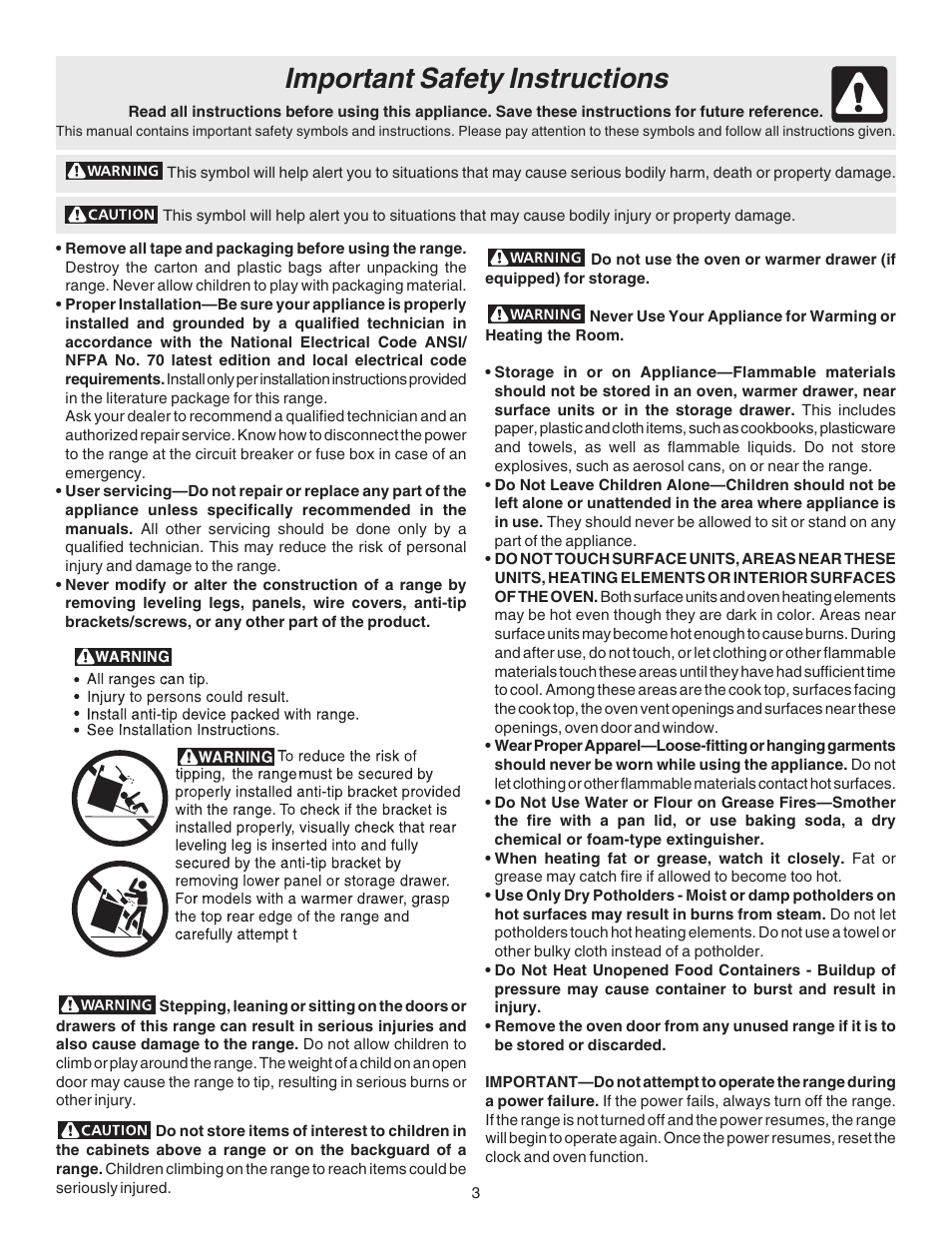 Important safety instructions | FRIGIDAIRE ES330 User Manual | Page 3 / 24