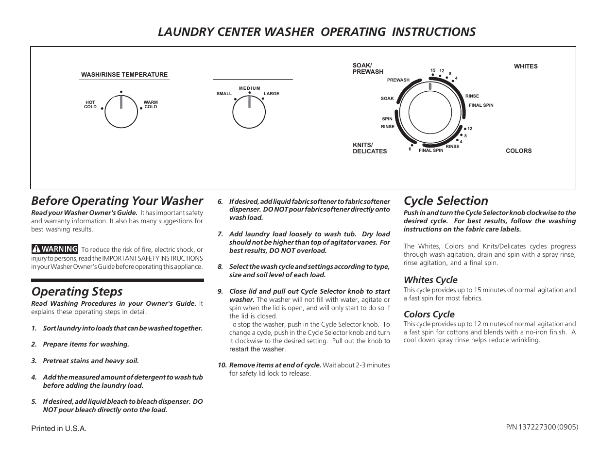 Before operating your washer, Operating steps, Cycle selection | Laundry center washer operating instructions, Whites cycle, Colors cycle | FRIGIDAIRE 137227300 User Manual | Page 3 / 8