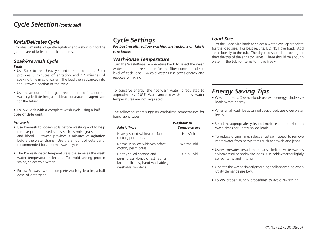 Energy saving tips, Cycle selection, Cycle settings | FRIGIDAIRE 137227300 User Manual | Page 4 / 8