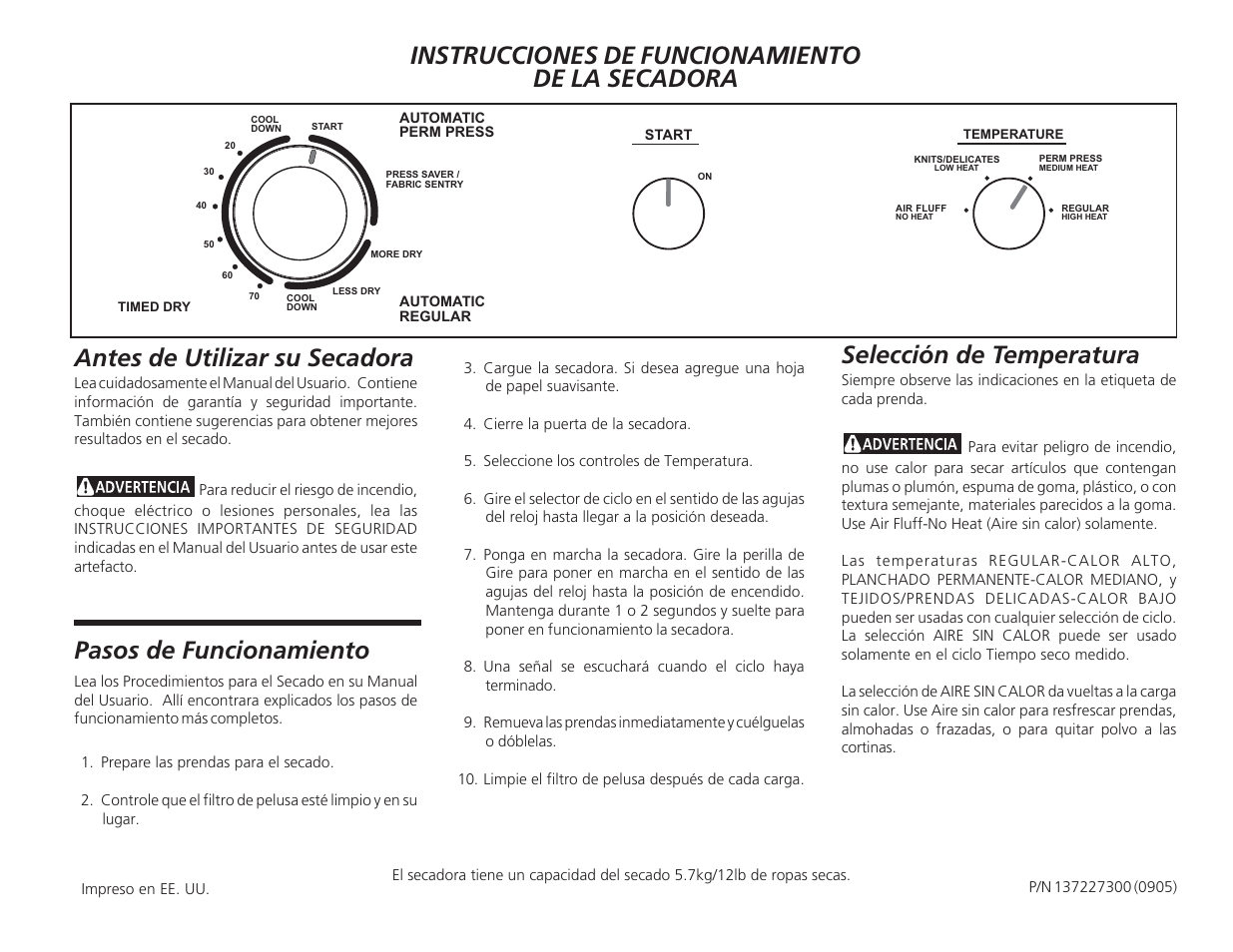 Instrucciones de funcionamiento de la secadora, Antes de utilizar su secadora, Pasos de funcionamiento | Selección de temperatura | FRIGIDAIRE 137227300 User Manual | Page 5 / 8