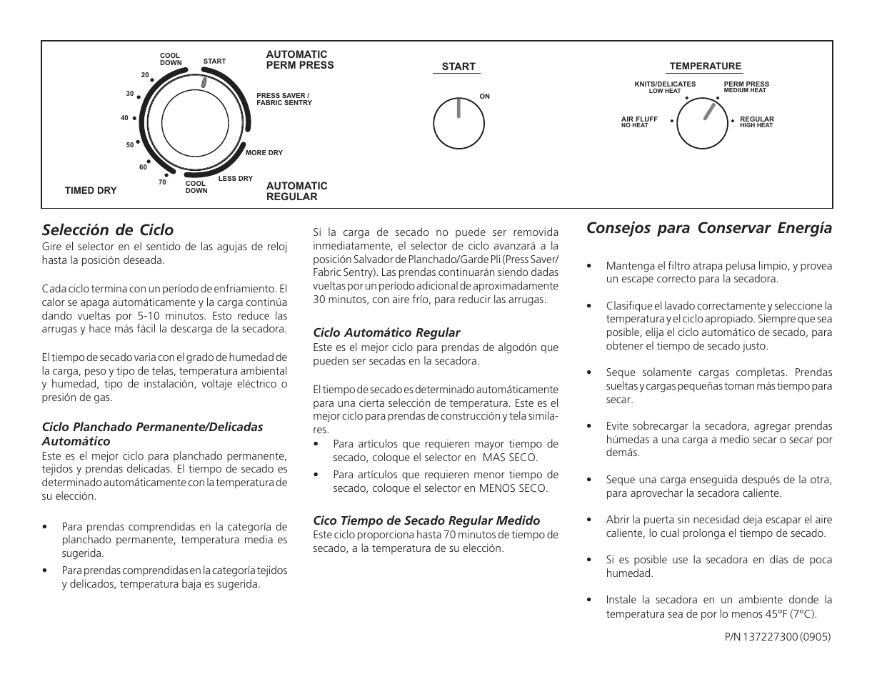 Consejos para conservar energía, Selección de ciclo | FRIGIDAIRE 137227300 User Manual | Page 6 / 8