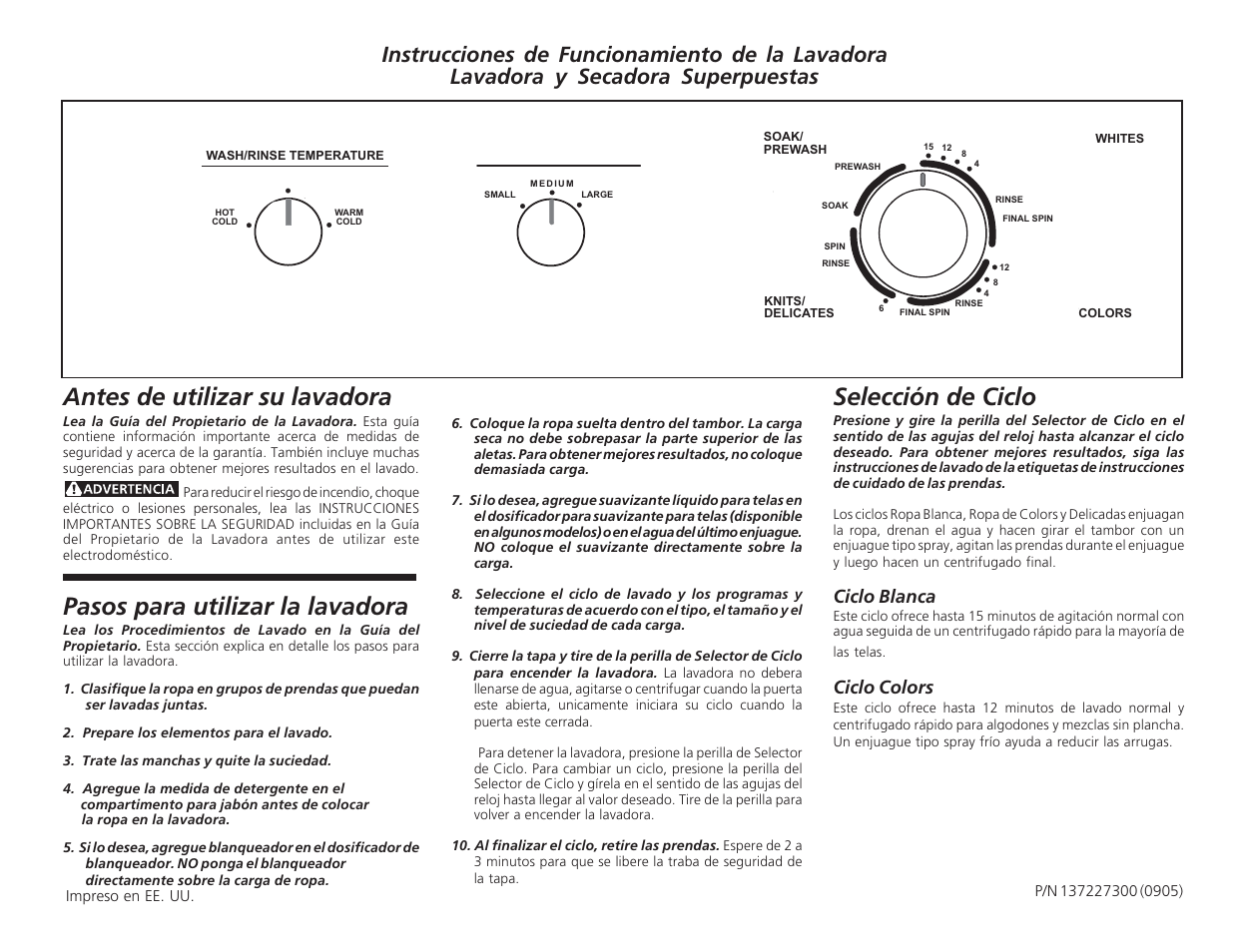 Antes de utilizar su lavadora, Pasos para utilizar la lavadora, Selección de ciclo | Ciclo blanca, Ciclo colors | FRIGIDAIRE 137227300 User Manual | Page 7 / 8