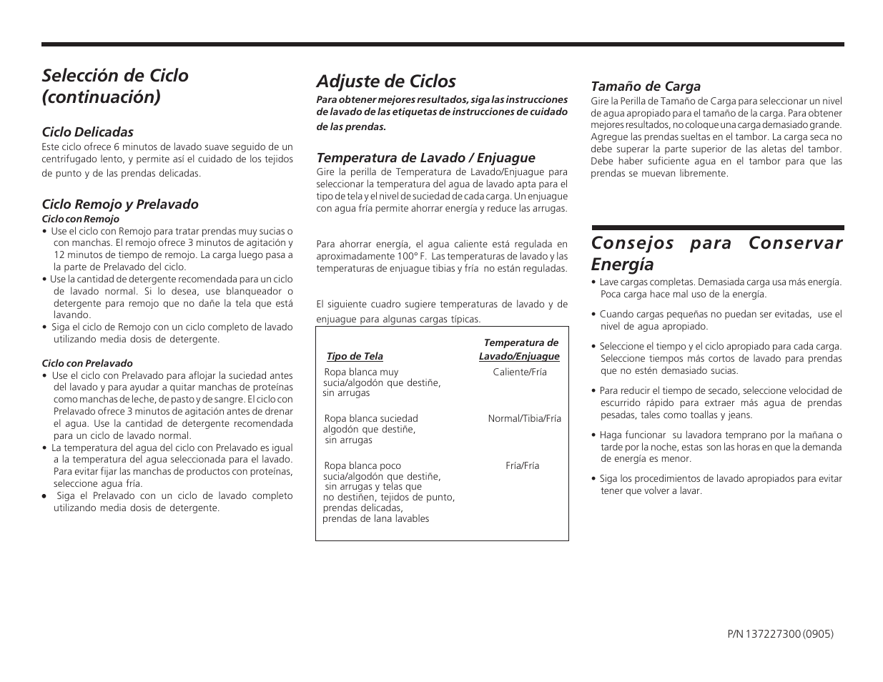 Selección de ciclo (continuación), Adjuste de ciclos, Consejos para conservar energía | FRIGIDAIRE 137227300 User Manual | Page 8 / 8