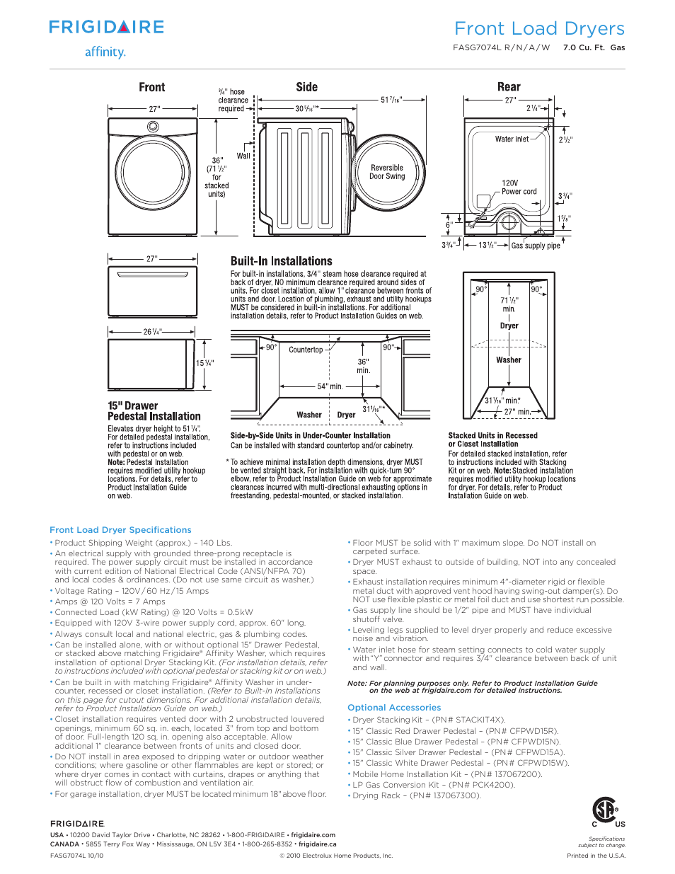 Front load dryers | FRIGIDAIRE FASG7074L User Manual | Page 3 / 3