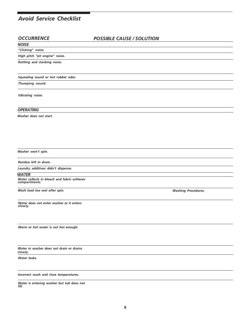 Avoid service checklist, Possible cause / solution occurrence | FRIGIDAIRE 134675000 User Manual | Page 9 / 10