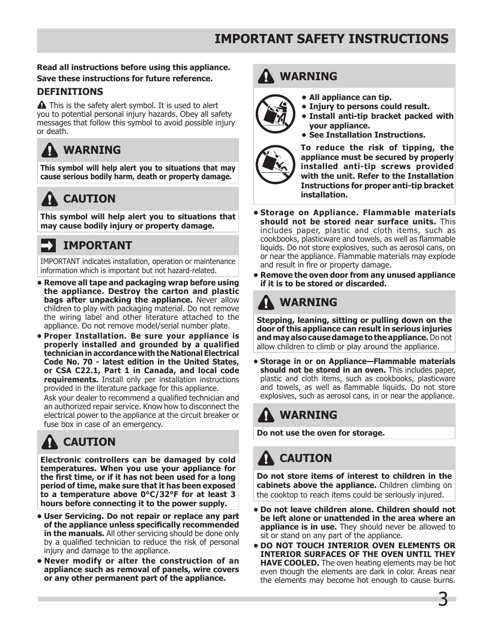 Important safety instructions, Warning, Important | Caution | FRIGIDAIRE 318205317 User Manual | Page 3 / 20