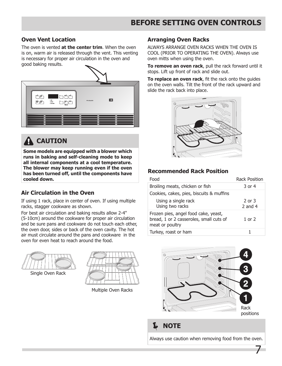 Before setting oven controls, Caution | FRIGIDAIRE 318205317 User Manual | Page 7 / 20