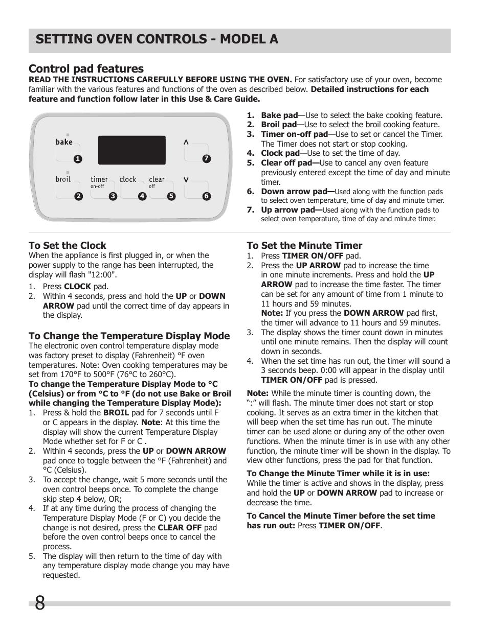 Setting oven controls - model a, Control pad features | FRIGIDAIRE 318205317 User Manual | Page 8 / 20