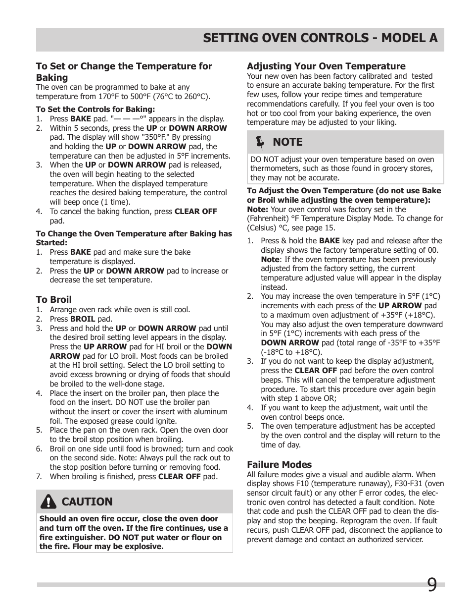 Setting oven controls - model a, Caution | FRIGIDAIRE 318205317 User Manual | Page 9 / 20