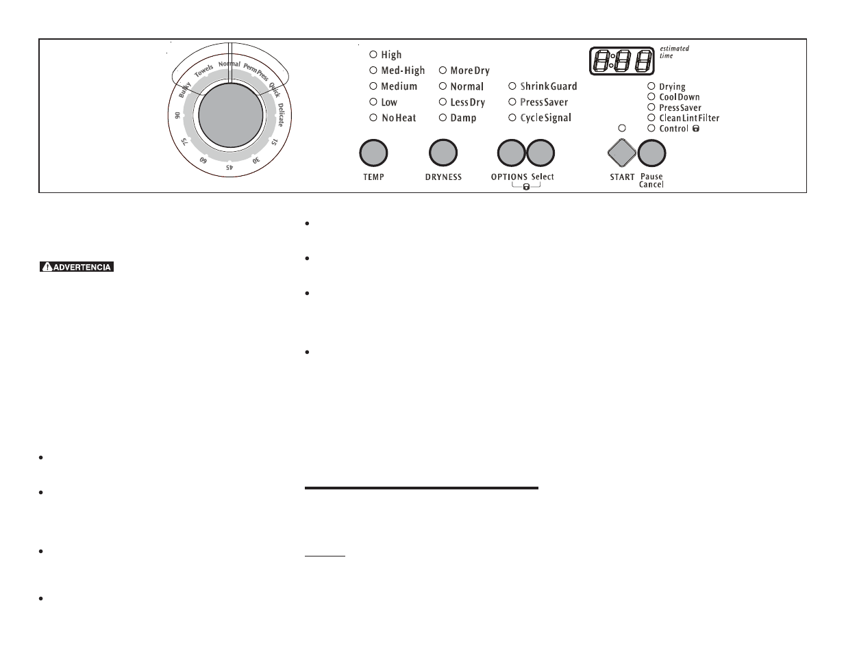 Instrucciones de funcionamiento del secador | FRIGIDAIRE 134431300D User Manual | Page 4 / 6