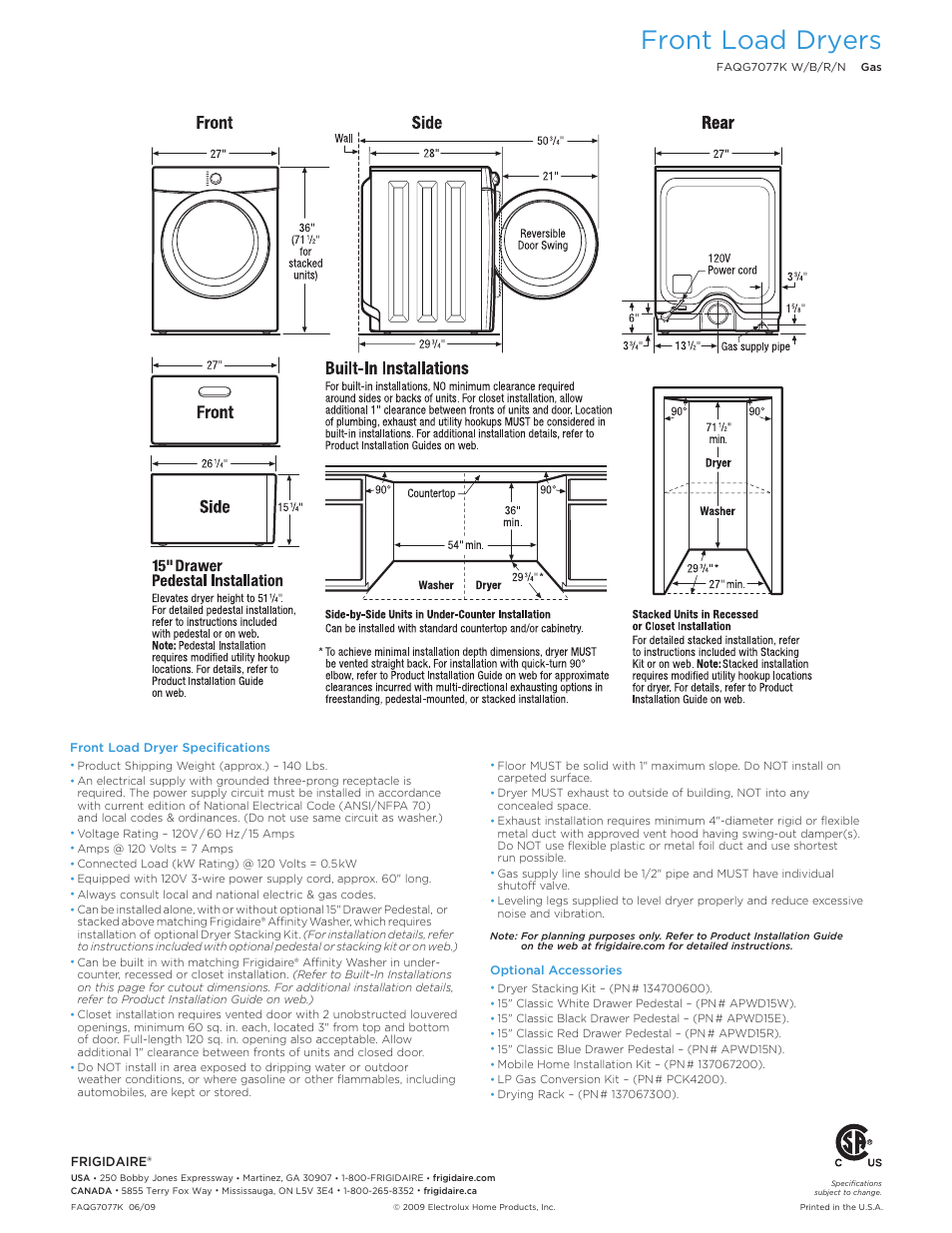 Front load dryers | FRIGIDAIRE Affinity FAQG7077K User Manual | Page 2 / 2