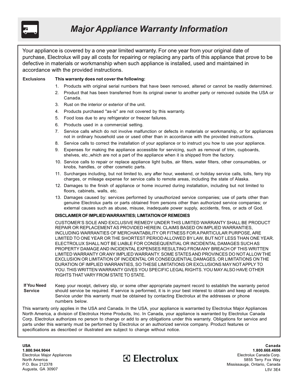 Major appliance warranty information | FRIGIDAIRE 316417139 User Manual | Page 16 / 16