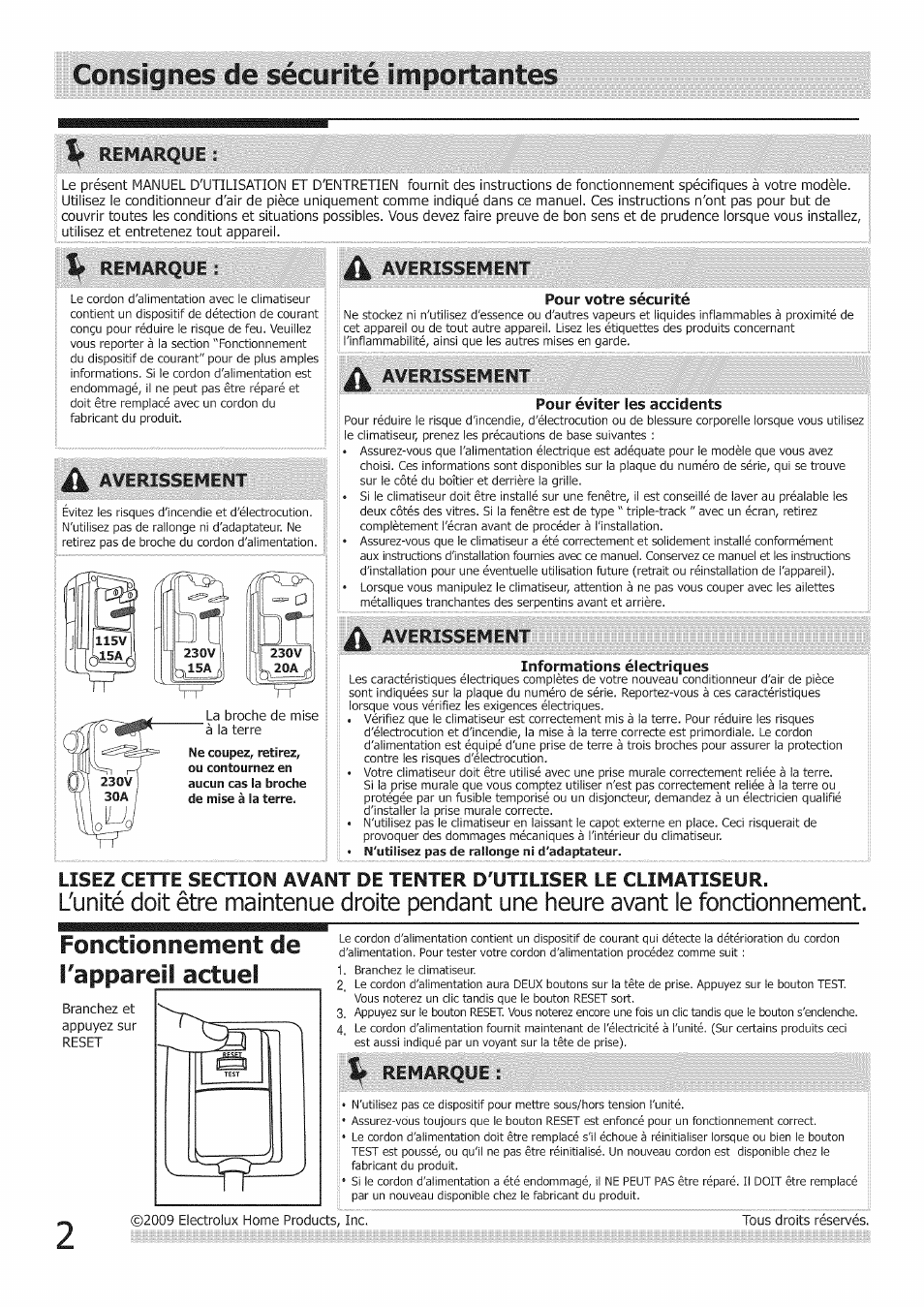 Consignes de sécurité importantes, Pour votre sécurité, Pour éviter les accidents | Informations électriques, Remarque, Remarque averissement, Averissement | FRIGIDAIRE Air Conditioner User Manual | Page 13 / 33