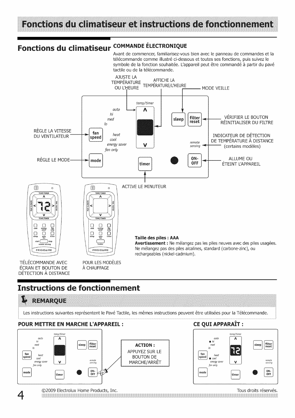 Fonctions du climatiseur commande electronique, Remarque, Instructions de fonctionnement | Fonctions du climatiseur | FRIGIDAIRE Air Conditioner User Manual | Page 15 / 33