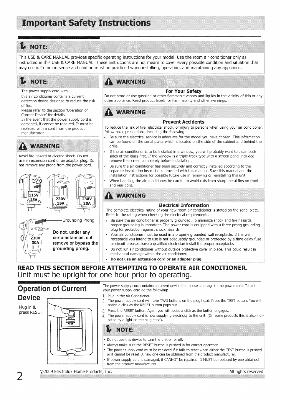 Important safety instructions, Operation of current device, A warning | Warning, Mote | FRIGIDAIRE Air Conditioner User Manual | Page 2 / 33