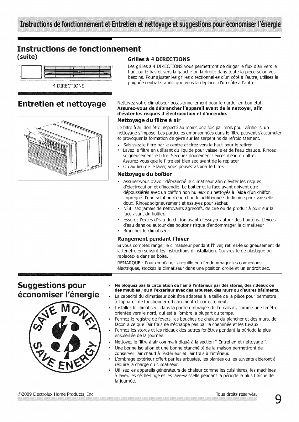 Isuité) grilles à 4 directions, Nettoyage du filtre à air, Nettoyage du boîtier | Rangement pendant l'hiver, Instructions de fonctionnement | FRIGIDAIRE Air Conditioner User Manual | Page 20 / 33