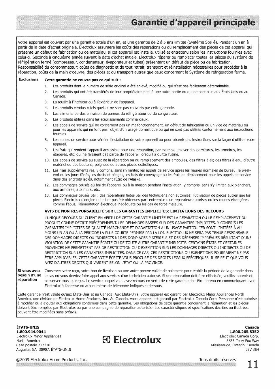 H electrolux, Garantie d'appareil principale | FRIGIDAIRE Air Conditioner User Manual | Page 22 / 33