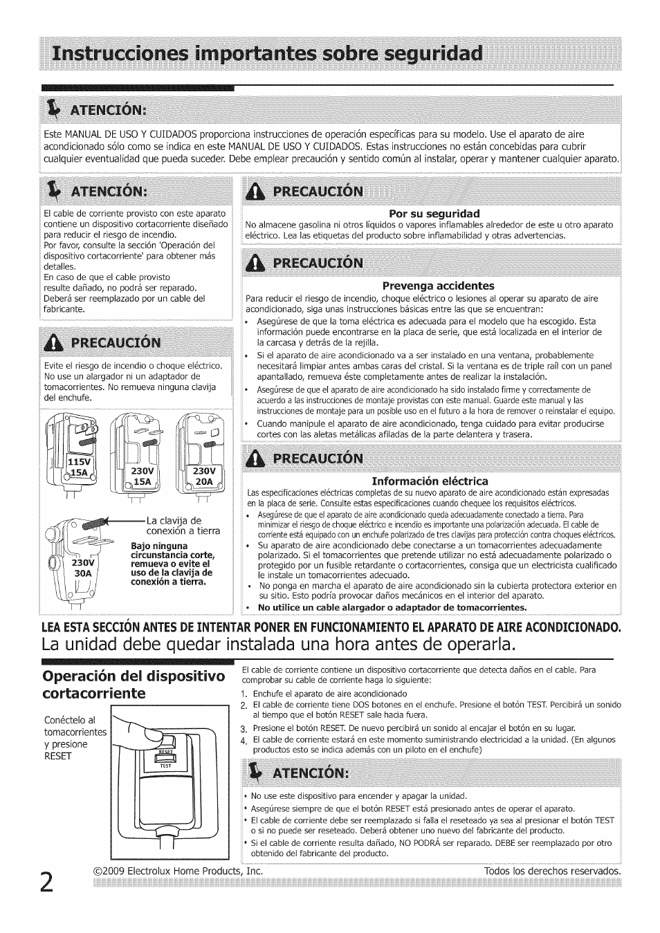 Instrucciones importantes sobre seguridad, A precaución, Precaución | Por su seguridad, Ik precaución, Prevenga accidentes, Información eléctrica, Atención, If atencion s, Atencion: a precaución | FRIGIDAIRE Air Conditioner User Manual | Page 24 / 33