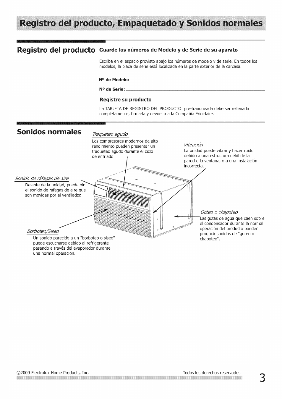 Registre su producto, Sonidos normales, Registro del producto | FRIGIDAIRE Air Conditioner User Manual | Page 25 / 33