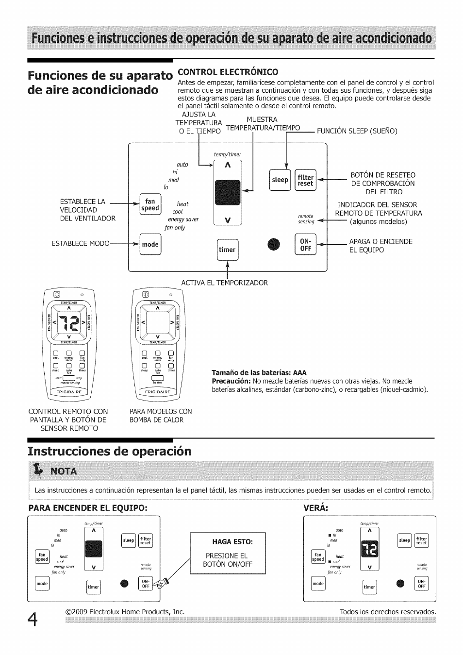 Nota, De aire acondicionado, Instrucciones de operación | Funciones de su aparato | FRIGIDAIRE Air Conditioner User Manual | Page 26 / 33