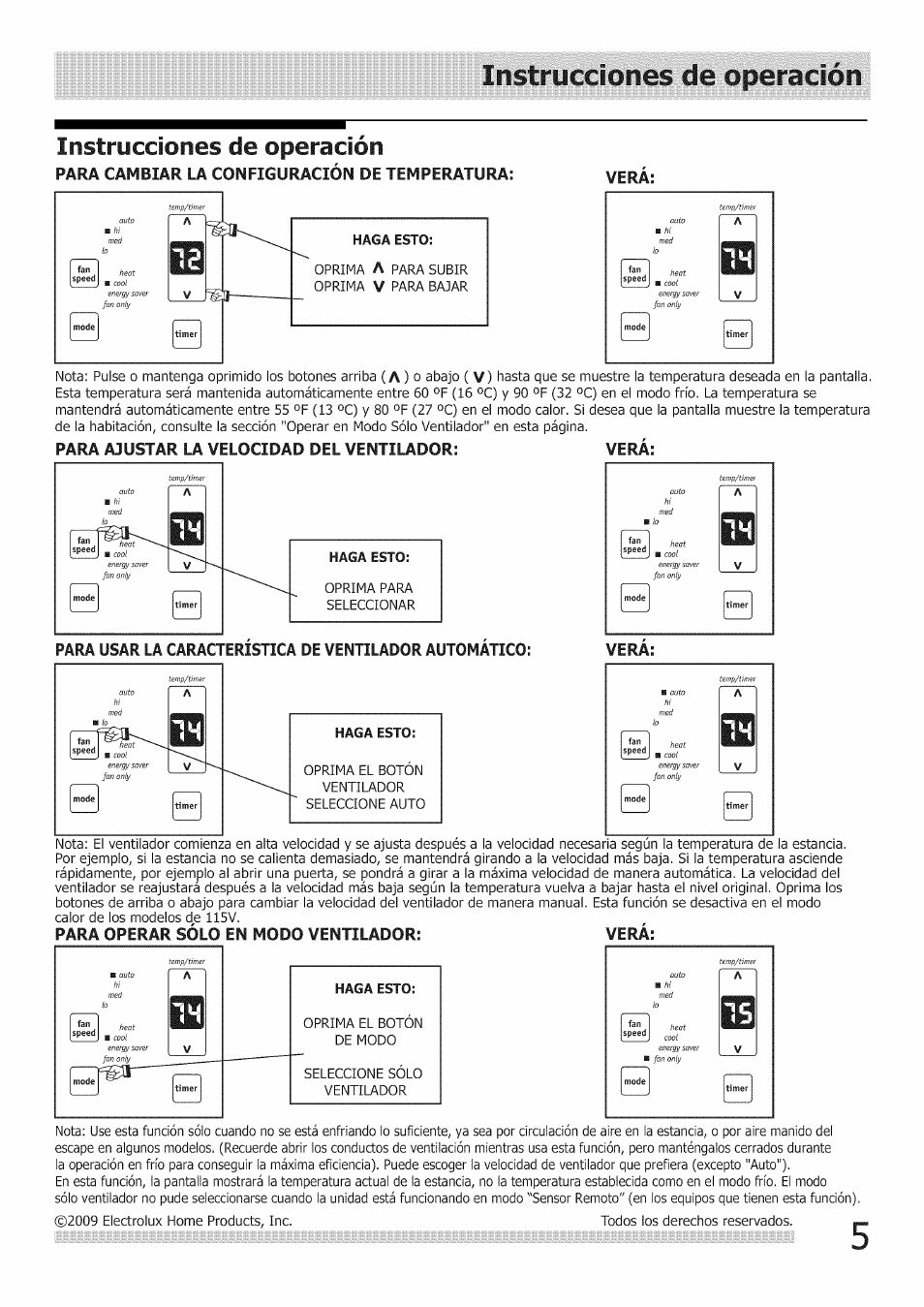 Instrucciones de operación | FRIGIDAIRE Air Conditioner User Manual | Page 27 / 33