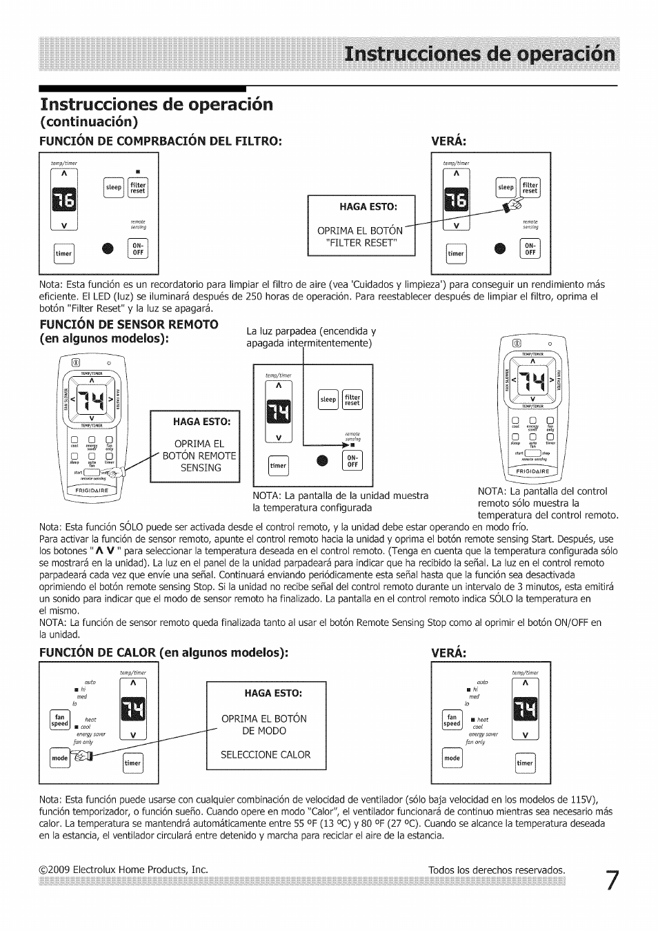 Instrucciones de operación, Continyación), Función de comprbación del filtro: vera | Función de sensor remoto (en algunos modelos), Función de calor (en algunos modelos): vera | FRIGIDAIRE Air Conditioner User Manual | Page 29 / 33