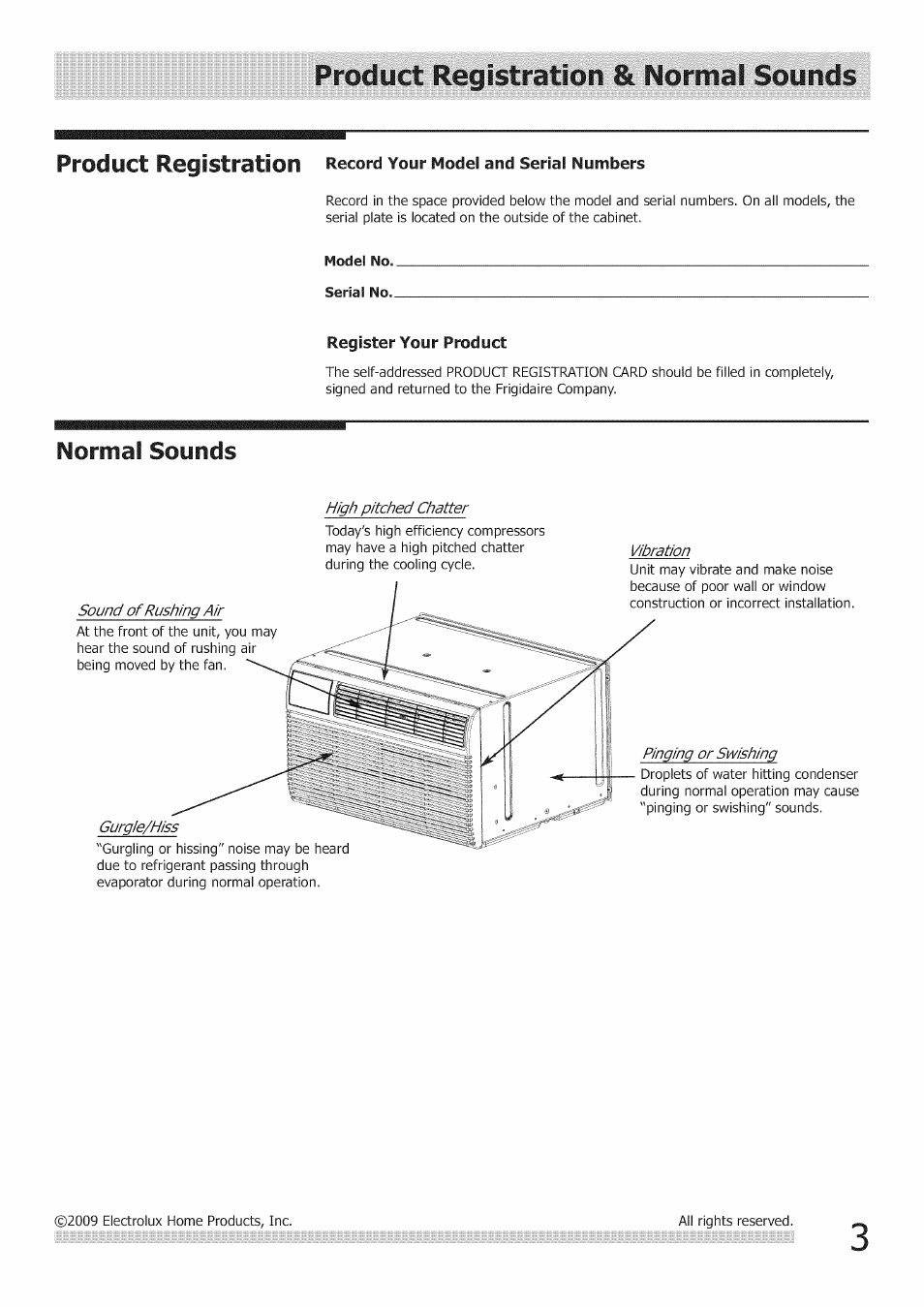 Product registration & normal sounds, Register your product, Normal sounds | Product registration | FRIGIDAIRE Air Conditioner User Manual | Page 3 / 33