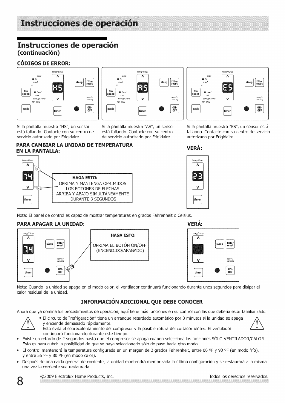 Instrucciones de operación, Continyación), Códigos de error | FRIGIDAIRE Air Conditioner User Manual | Page 30 / 33