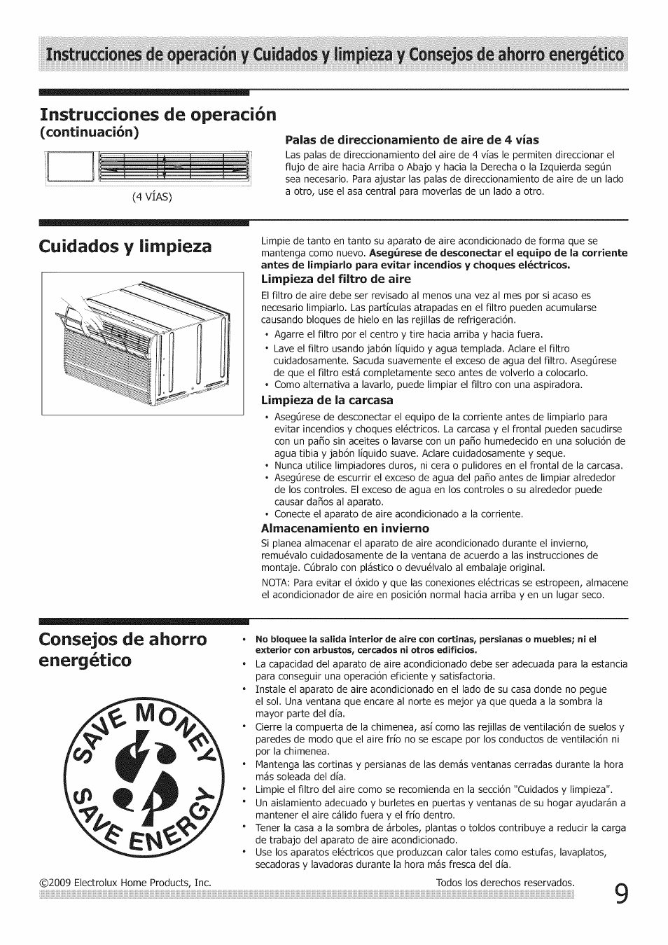Palas de direccionamiento de aire de 4 vías, Limpieza del filtro de aire, Limpieza de la carcasa | Almacenamiento en invierno, Cuidados y limpieza, Consejos de ahorro energético | FRIGIDAIRE Air Conditioner User Manual | Page 31 / 33