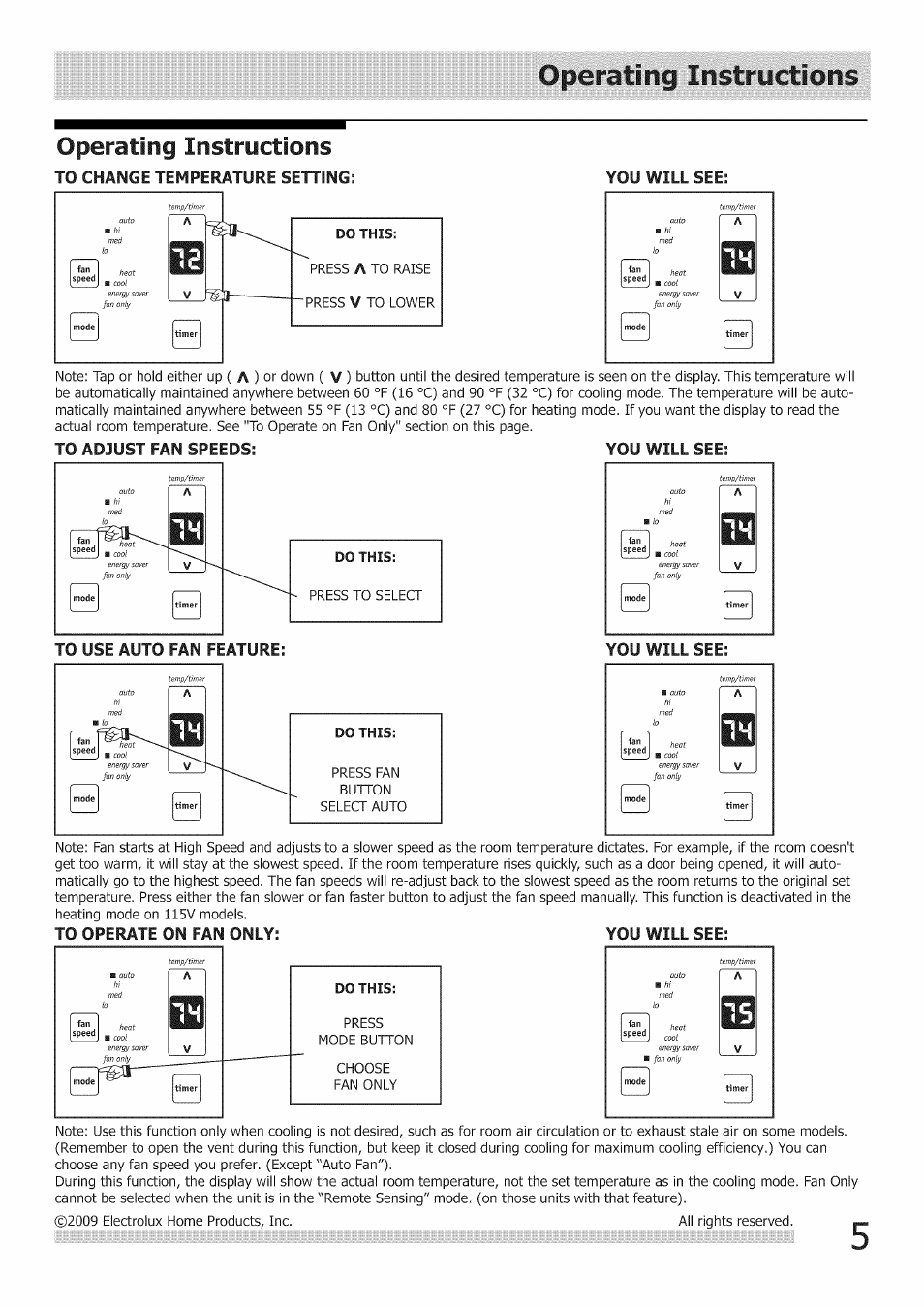 Operating instructions, To adjust fan speeds: you will see, To use auto fan feature | To operate on fan only: you will see | FRIGIDAIRE Air Conditioner User Manual | Page 5 / 33