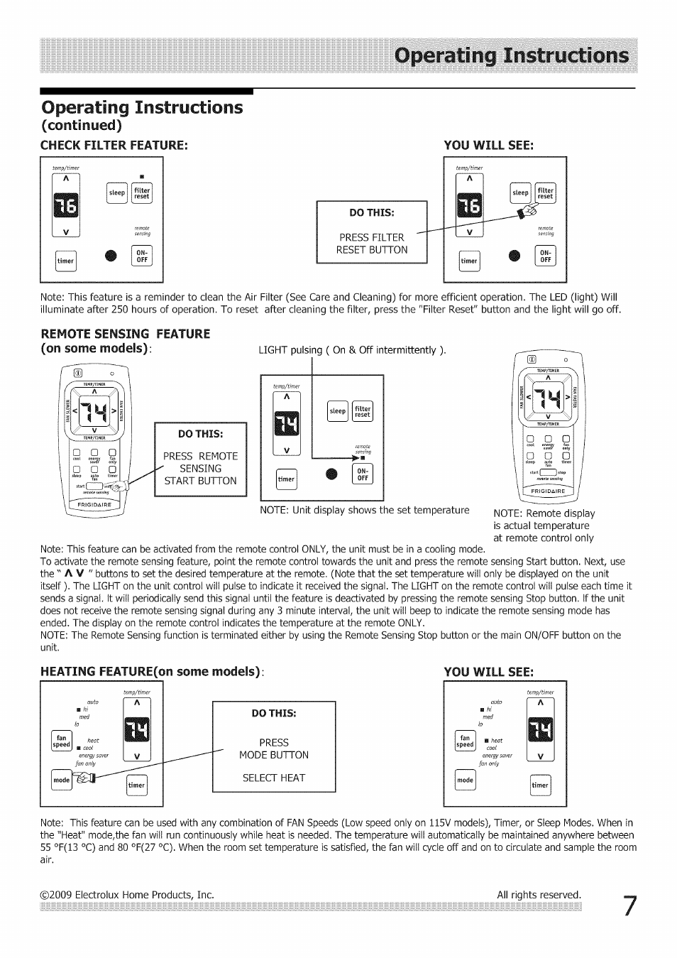 Operating instructions, Continyed) check filter feature: you will see, Remote sensing feature (on some models) | Heating feature(on some models); you will see | FRIGIDAIRE Air Conditioner User Manual | Page 7 / 33