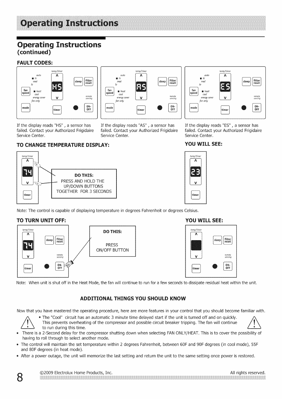 Operating instructions, Continyed) fault codes | FRIGIDAIRE Air Conditioner User Manual | Page 8 / 33