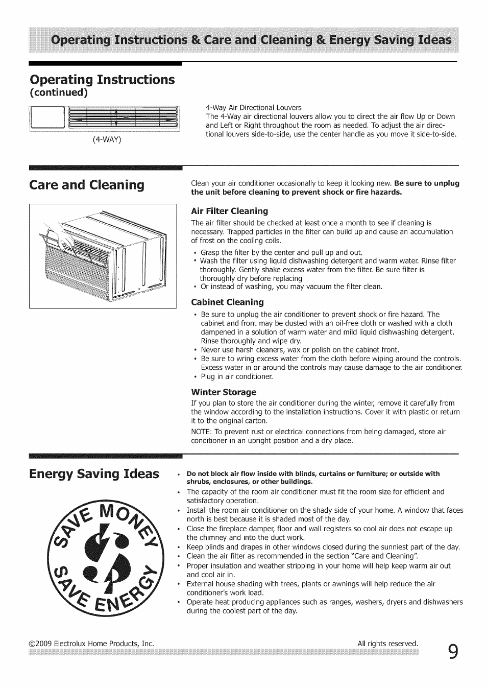 Operating instructions, Air filter cleaning, Cabinet cleaning | Winter storage, Care and cleaning, Energy saving ideas | FRIGIDAIRE Air Conditioner User Manual | Page 9 / 33