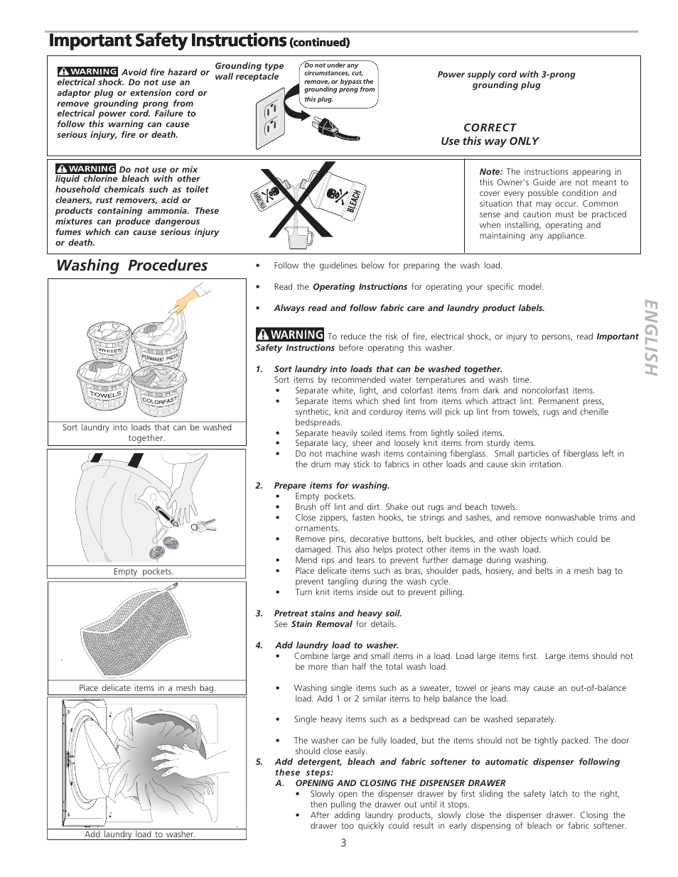 English, Important safety instructions, Washing procedures | FRIGIDAIRE 134683400 User Manual | Page 3 / 8
