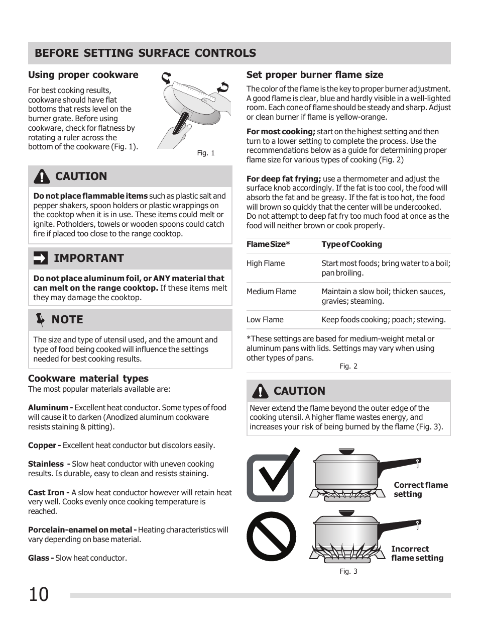 Before setting surface controls, Caution important | FRIGIDAIRE 316901207 User Manual | Page 10 / 32