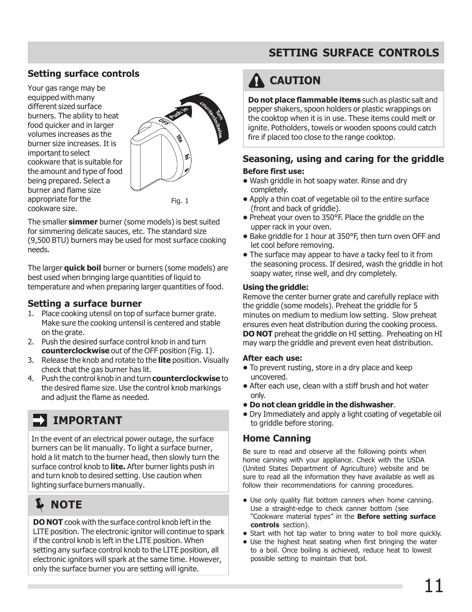Setting surface controls, Important, Caution | FRIGIDAIRE 316901207 User Manual | Page 11 / 32