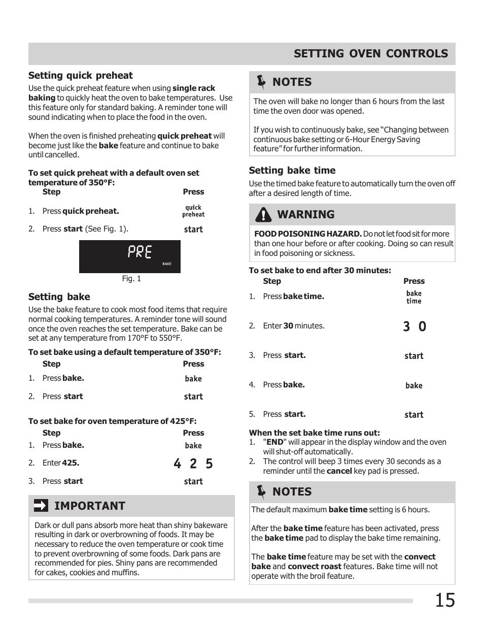 Setting oven controls, Warning, Important | FRIGIDAIRE 316901207 User Manual | Page 15 / 32