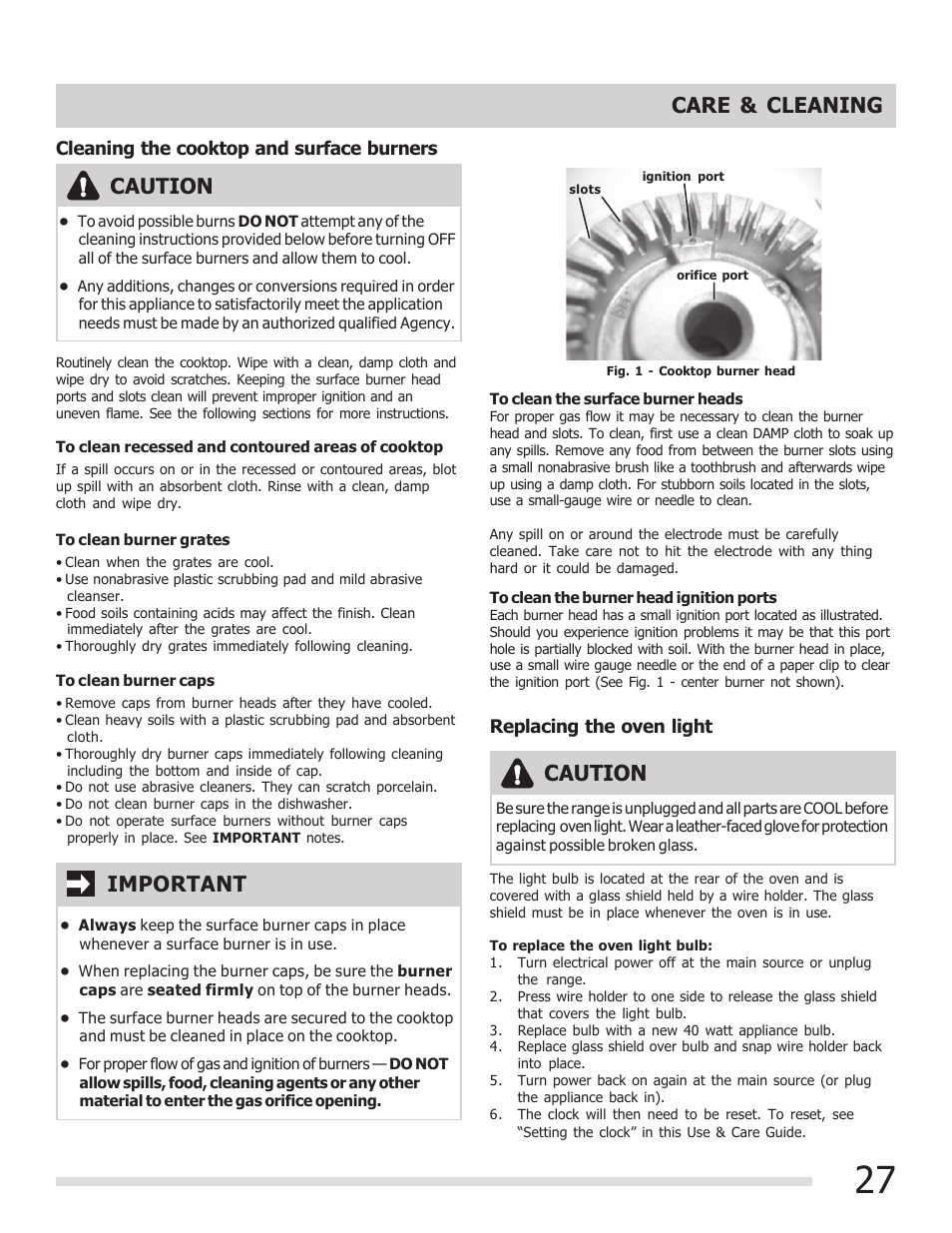 Care & cleaning, Caution, Important | FRIGIDAIRE 316901207 User Manual | Page 27 / 32