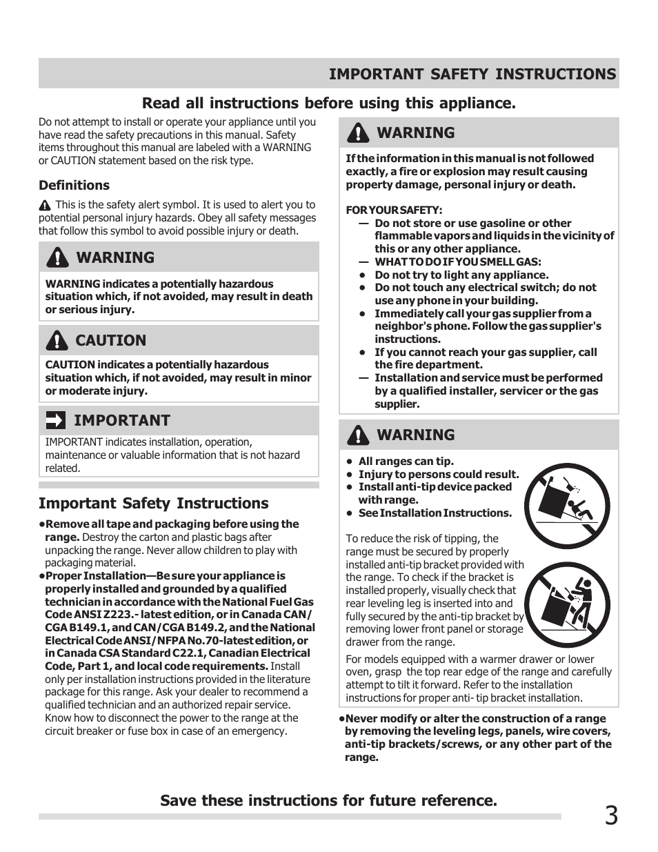 Read all instructions before using this appliance, Important, Caution | Important safety instructions warning, Warning | FRIGIDAIRE 316901207 User Manual | Page 3 / 32