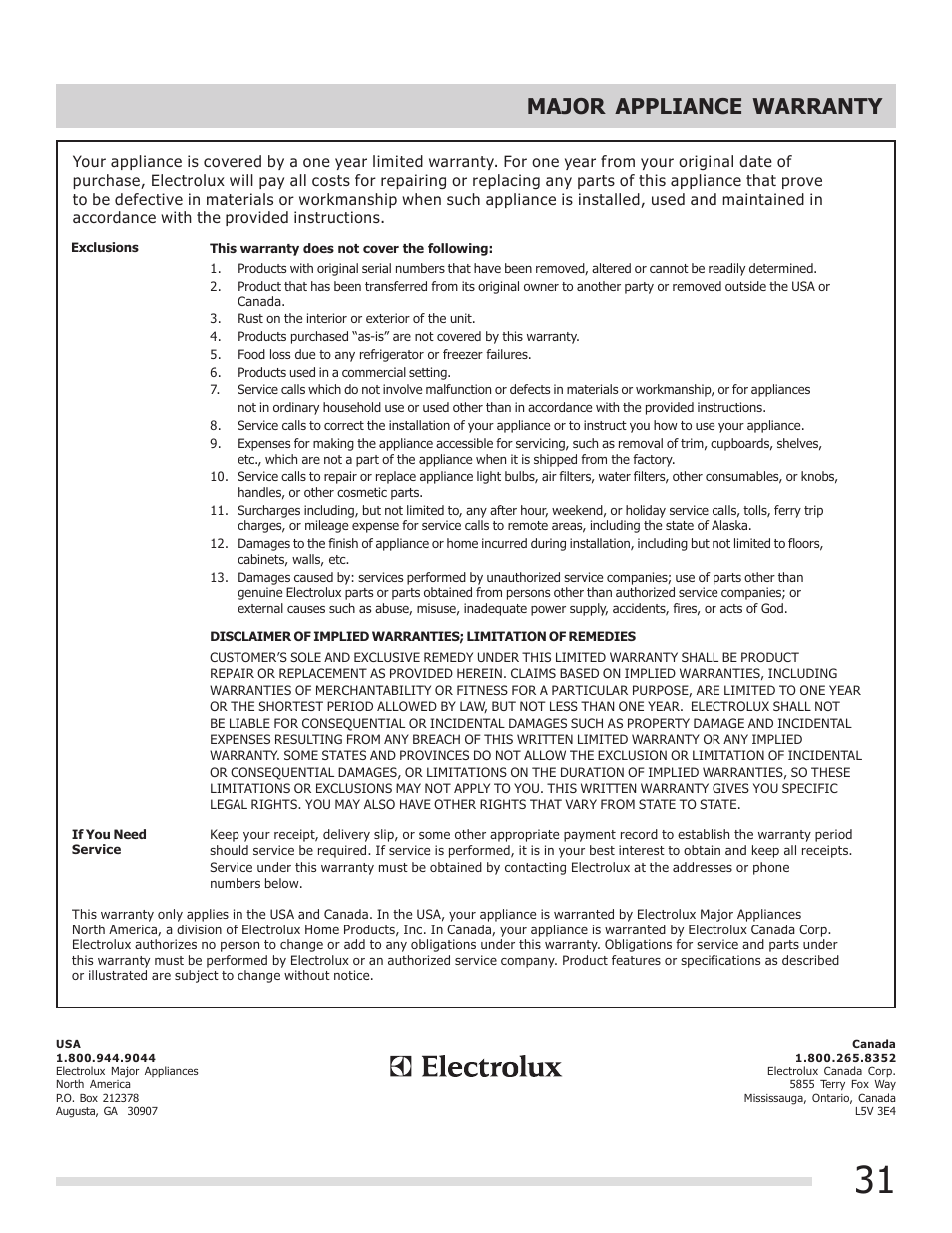 Major appliance warranty | FRIGIDAIRE 316901207 User Manual | Page 31 / 32