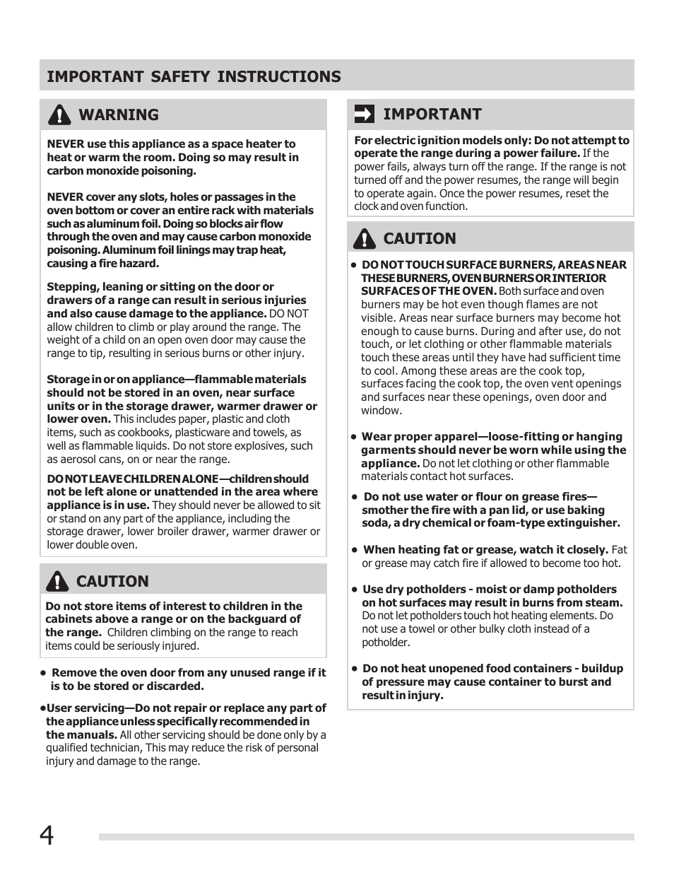 Important safety instructions, Important warning, Caution | FRIGIDAIRE 316901207 User Manual | Page 4 / 32