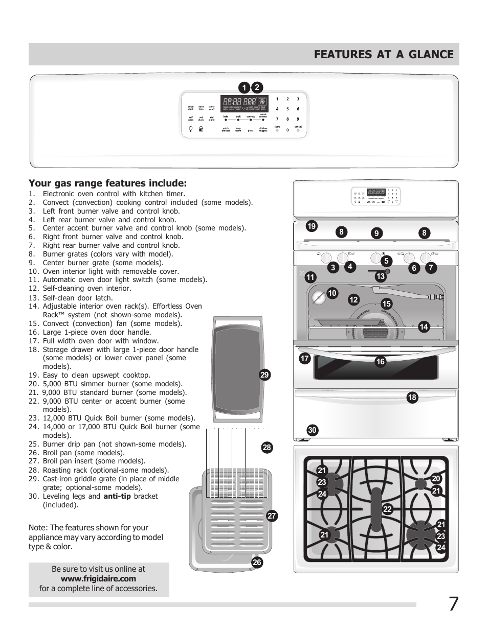 Features at a glance, Your gas range features include | FRIGIDAIRE 316901207 User Manual | Page 7 / 32