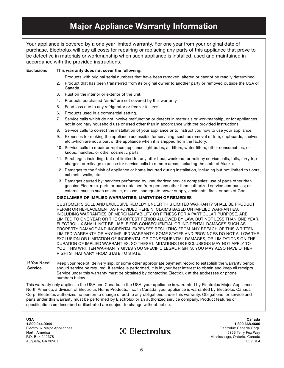 Major appliance warranty information | FRIGIDAIRE 297081000 User Manual | Page 6 / 8