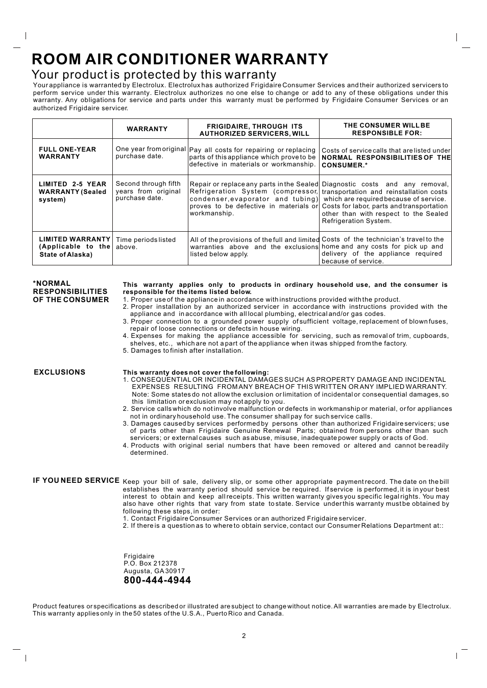 Т³гж 2, Room air conditioner warranty, Your product is protected by this warranty | FRIGIDAIRE 819042060-01 User Manual | Page 2 / 12