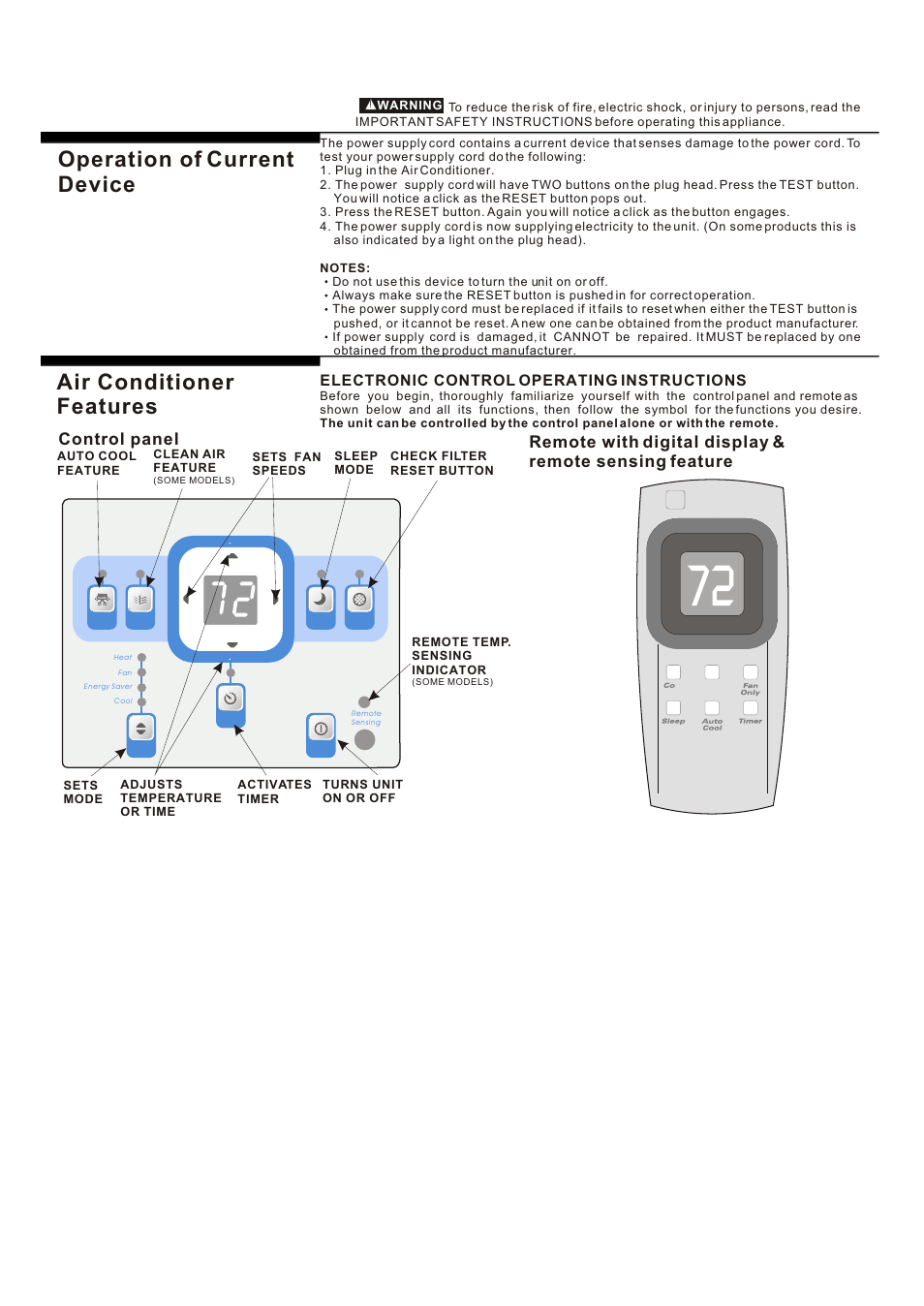 Т³гж 5, Operation of current device, Air conditioner features | Electronic control operating instructions | FRIGIDAIRE 819042060-01 User Manual | Page 5 / 12