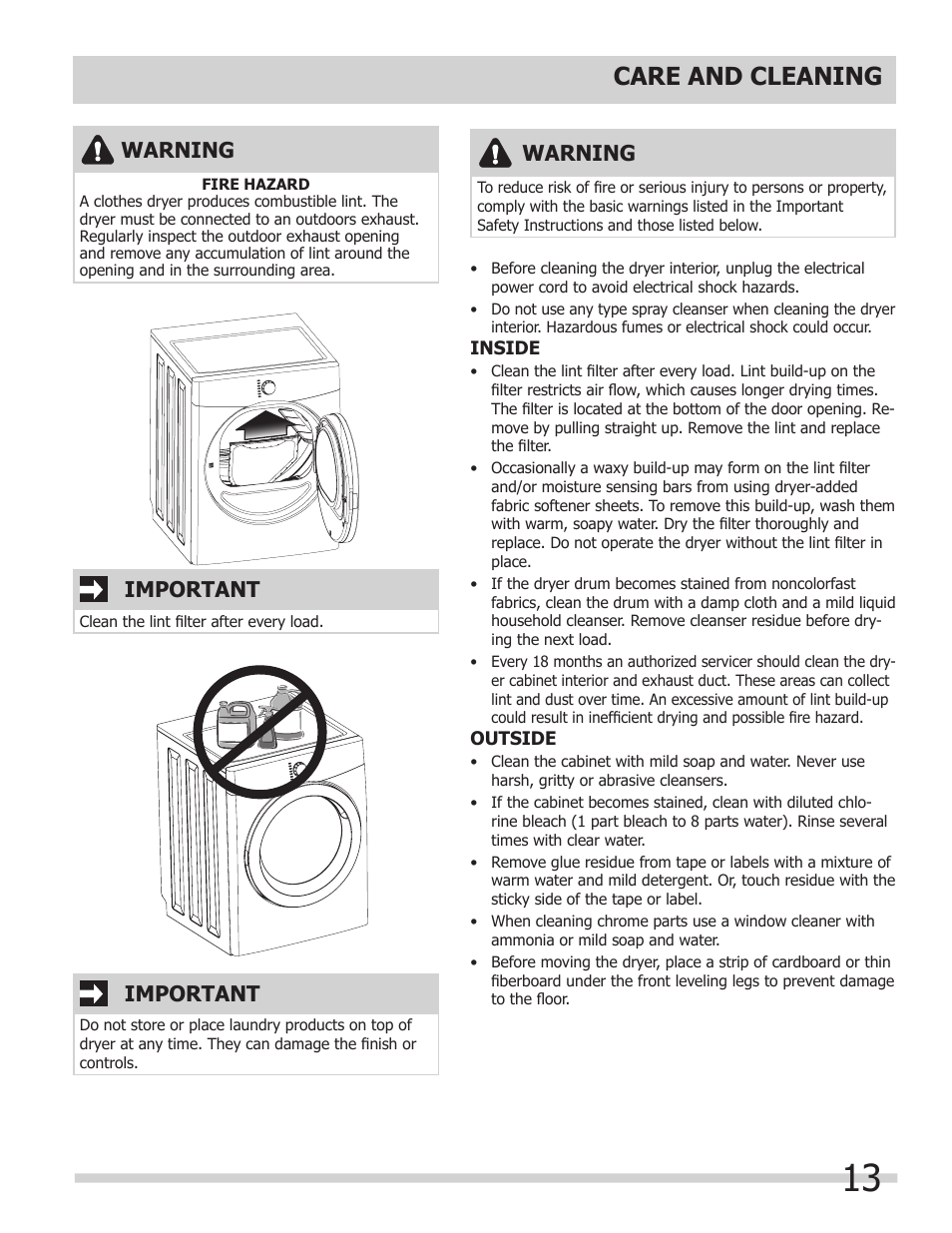 Care and cleaning, Warning, Important | FRIGIDAIRE 137181900A User Manual | Page 13 / 18